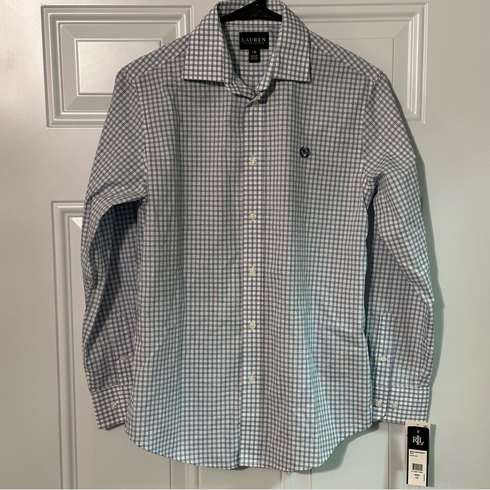 Ralph Lauren Boys Shirt Youth 16 Blue/White Striped Long Sleeve Button Down